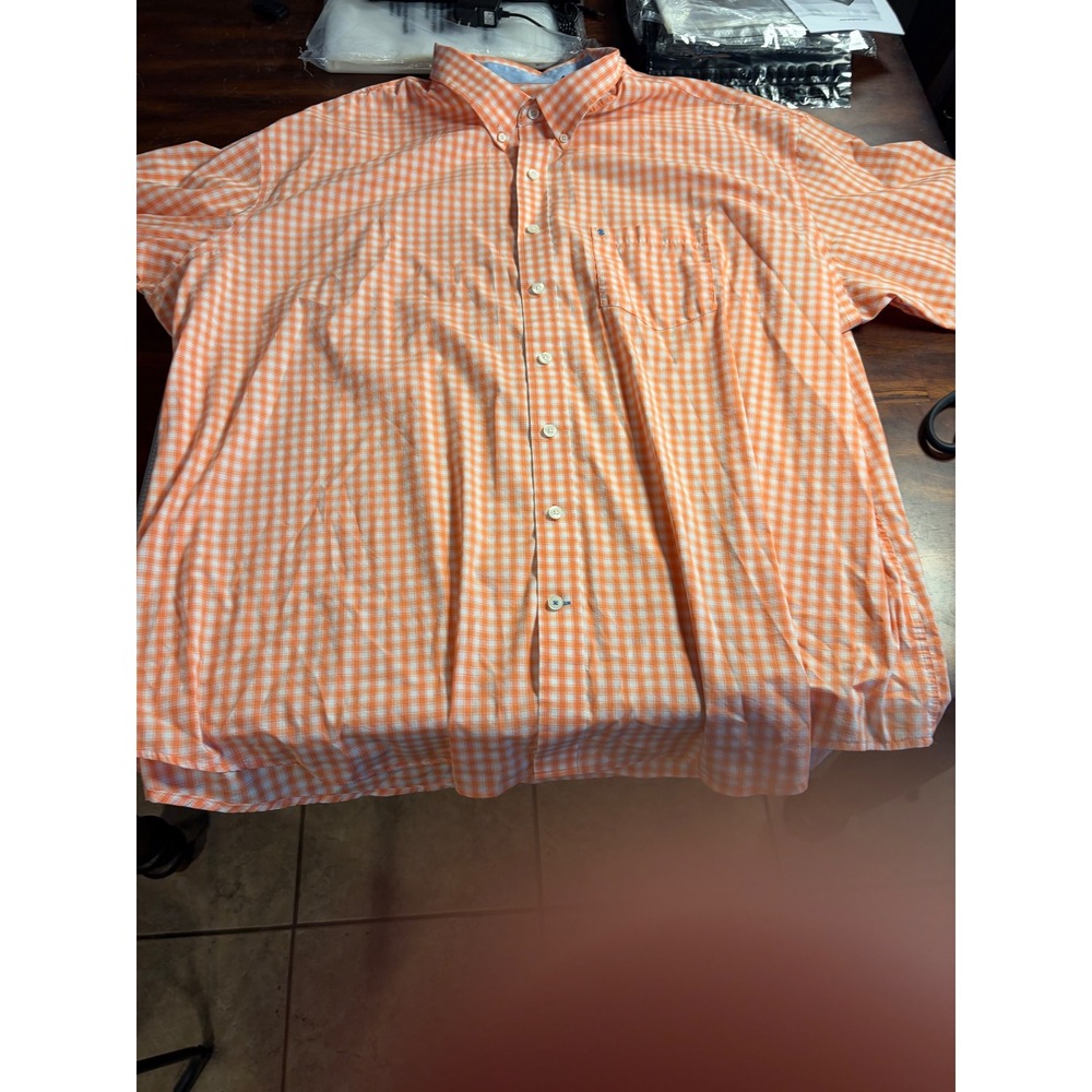 Izod Mens 5XLT Orange White Gingham Non-Iron Stretch Short Sleeve Button Down